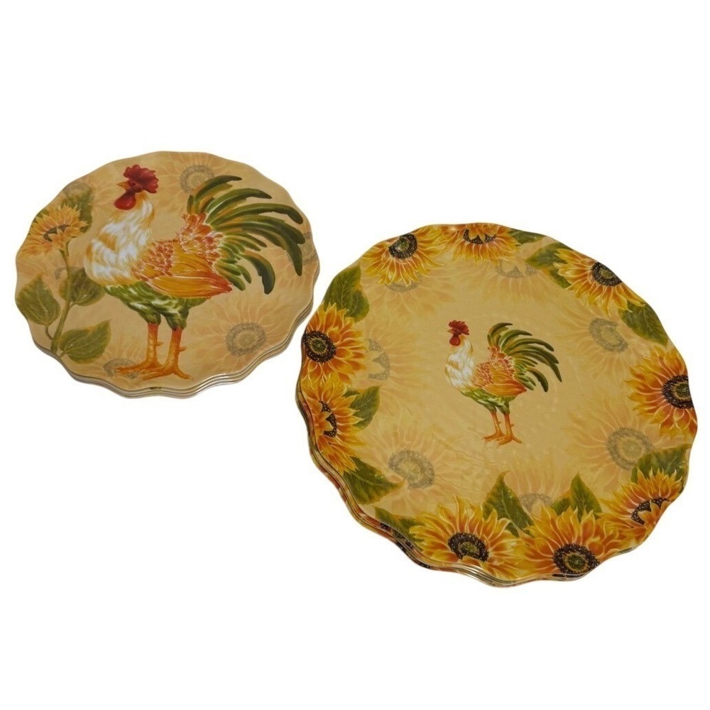 Rooster Sunflower Melamine Plate Set 8pc French Country Farmhouse Yellow Scallop